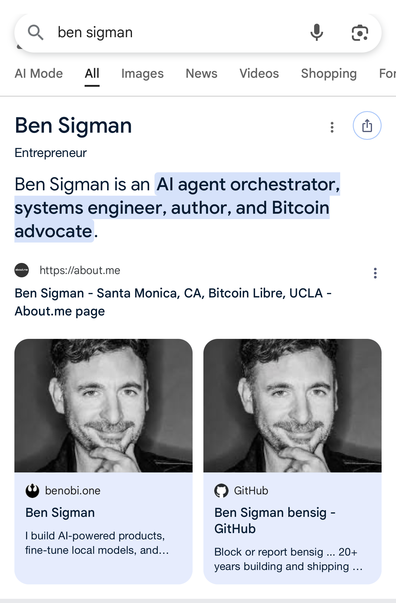 Live Google Knowledge Panel for Ben Sigman
